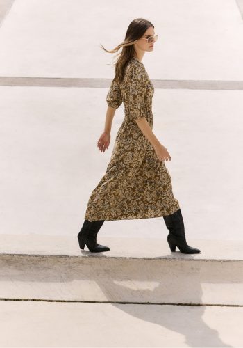 Vestido Largo Crepe Paisley Ocre