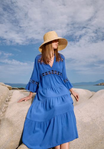 Vestido Midi Encaje Volantes Azul